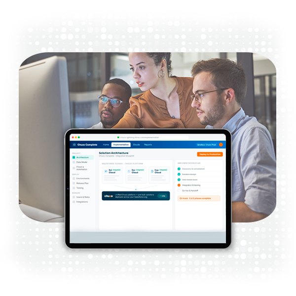 Chuzo Complete Salesforce implementation view on a tablet, team collaborating