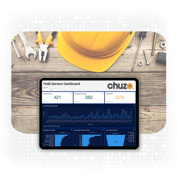 Chuzo Field Service dashboard on a tablet on a workbench